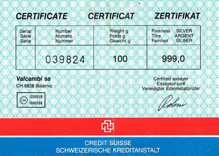 100g Strieborná tehla Credit Suiss