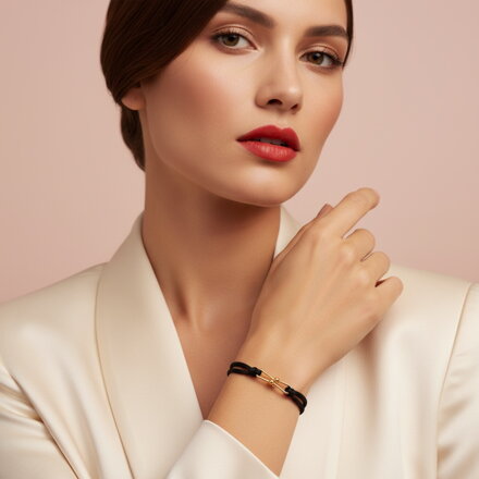 Čierny šnúrkový náramok proti urieknutiu so zlatou ozdobou RH10